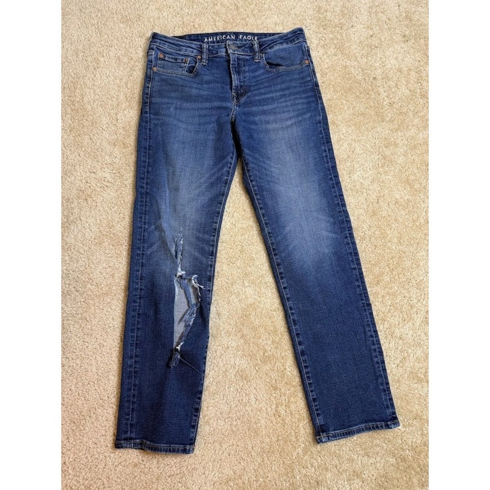 American‎ Eagle AirFlex+ Original Straight Jeans Mens 32x32 Distressed Denim